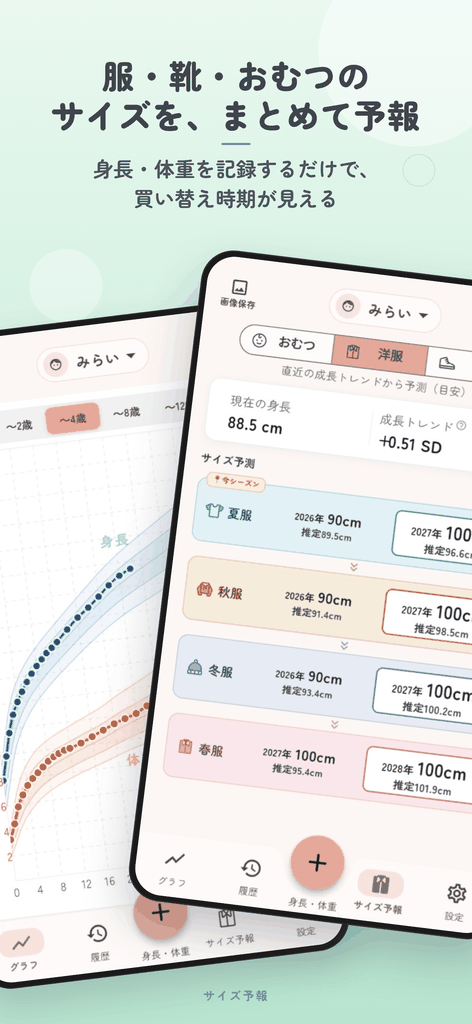 服・靴・おむつのサイズを、まとめて予報